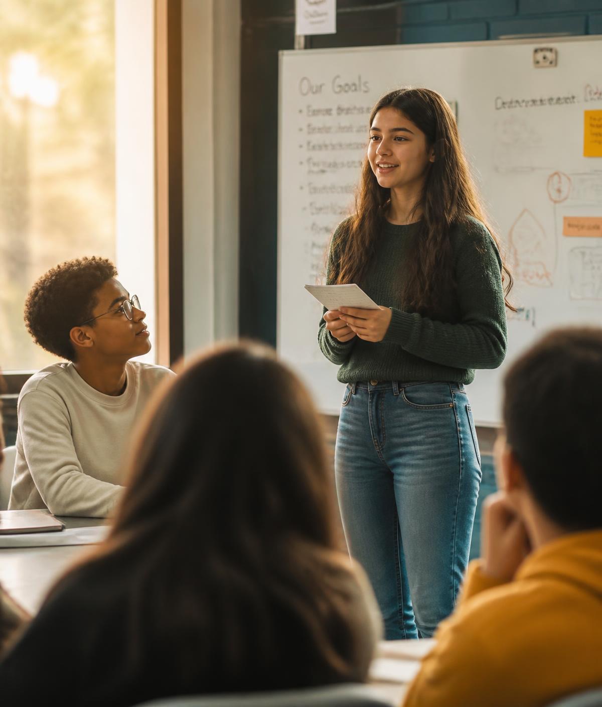 A teenage girl presenting confidently to her classmates