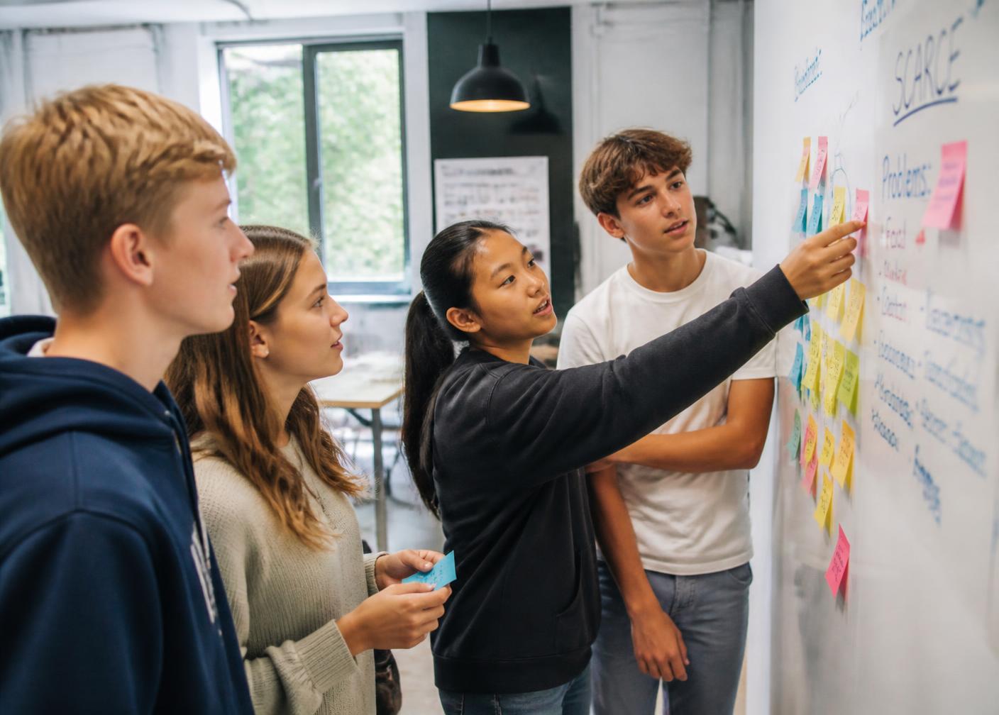 Teenagers collaborating at a whiteboard covered in sticky notes