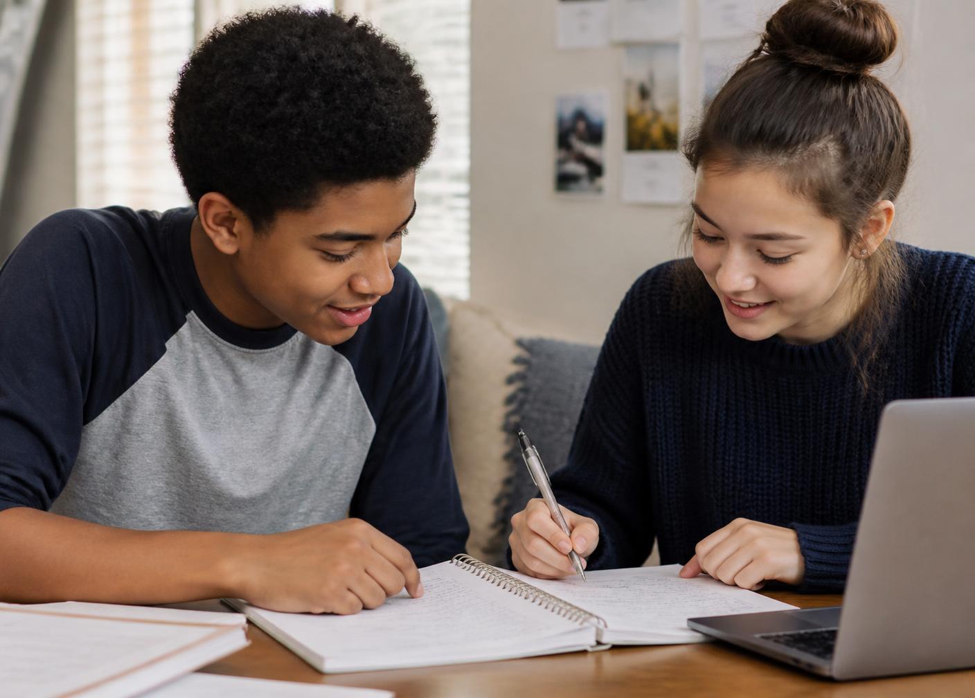 Two teenagers studying together with notebooks and a laptop